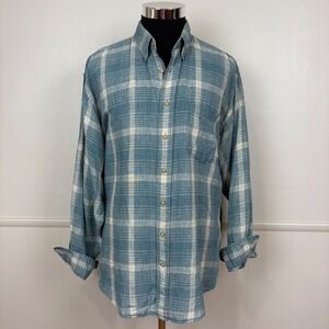 Evergreen Men's Vtg Linen Button Up Shirt Size LL Blue/Beige Plaid Breathable